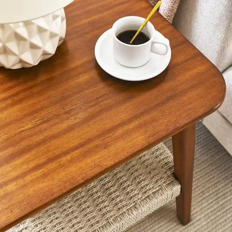 Table d'appoint carrée Mid-Century avec étagère tissée Noyer