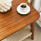 Table d'appoint carrée Mid-Century avec étagère tissée Noyer