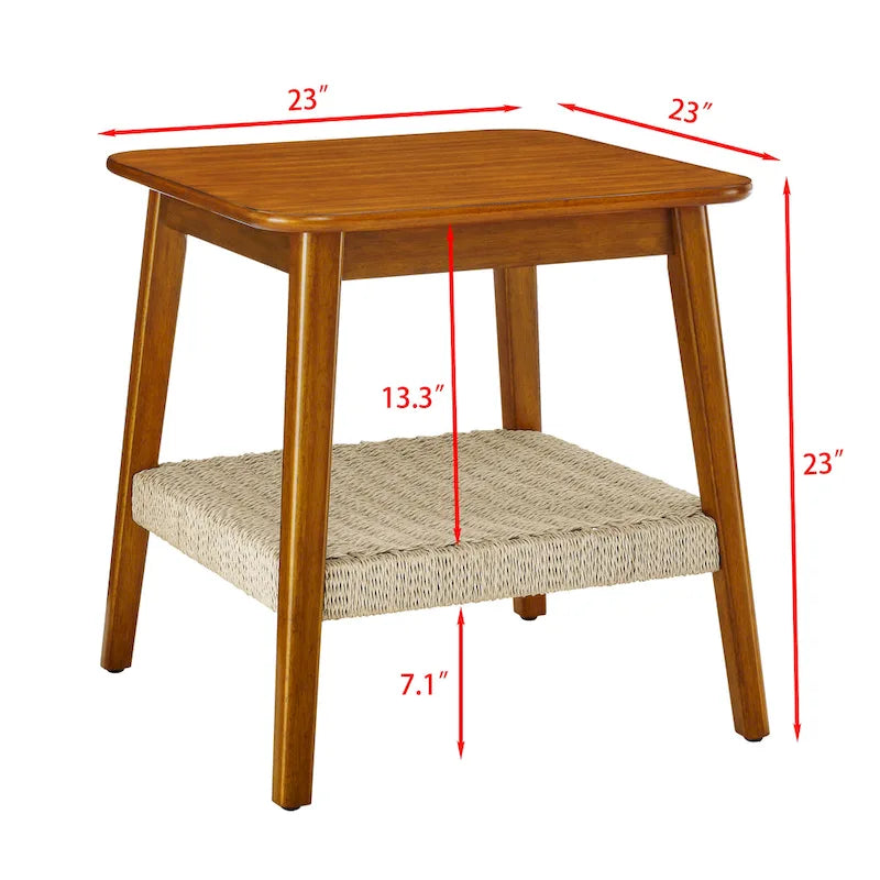 Table d'appoint carrée Mid-Century avec étagère tissée Noyer