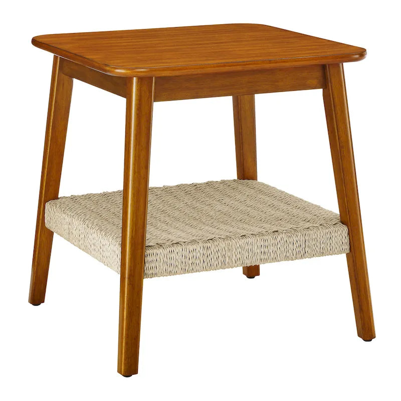 Table d'appoint carrée Mid-Century avec étagère tissée Noyer
