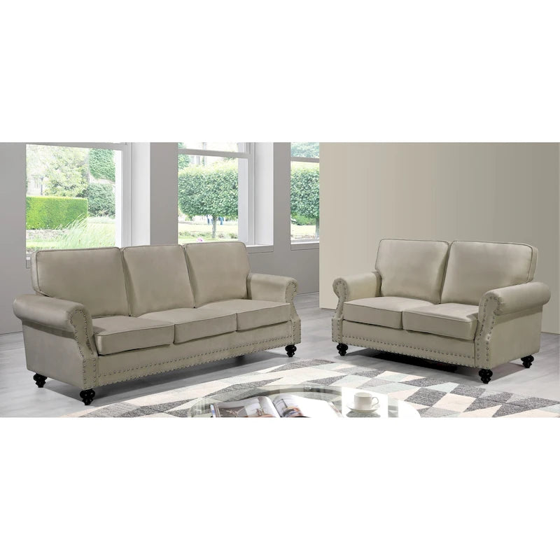 Ensemble de canapés 2 pièces en velours et clous décoratifs – Causeuse et canapé avec revêtement capitonné