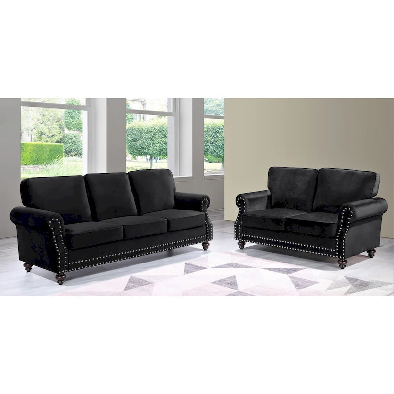Ensemble de canapés 2 pièces en velours et clous décoratifs – Causeuse et canapé avec revêtement capitonné