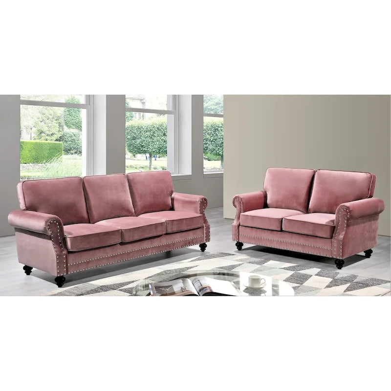 Ensemble de canapés 2 pièces en velours et clous décoratifs – Causeuse et canapé avec revêtement capitonné