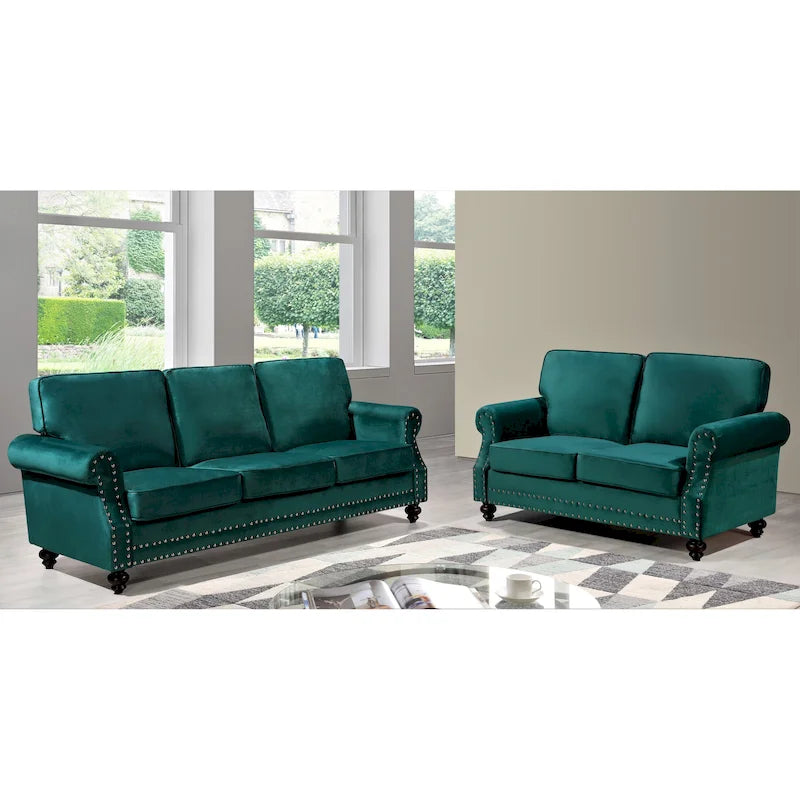 Ensemble de canapés 2 pièces en velours et clous décoratifs – Causeuse et canapé avec revêtement capitonné