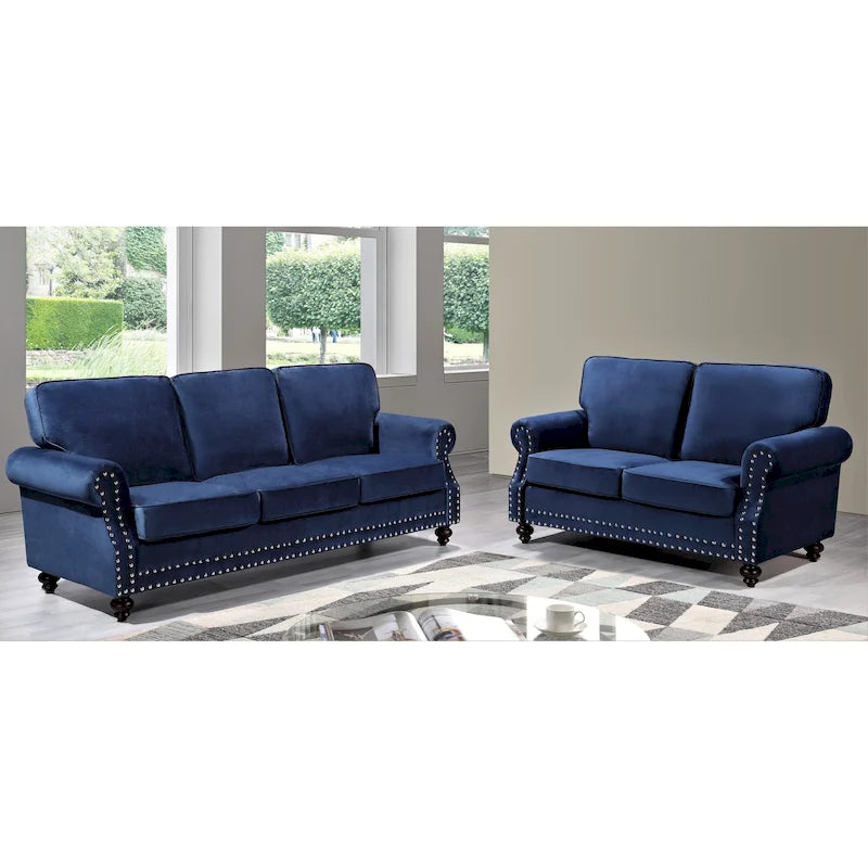 Ensemble de canapés 2 pièces en velours et clous décoratifs – Causeuse et canapé avec revêtement capitonné