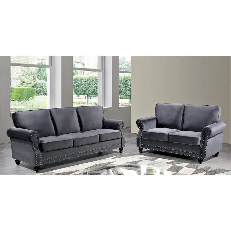 Ensemble de canapés 2 pièces en velours et clous décoratifs – Causeuse et canapé avec revêtement capitonné