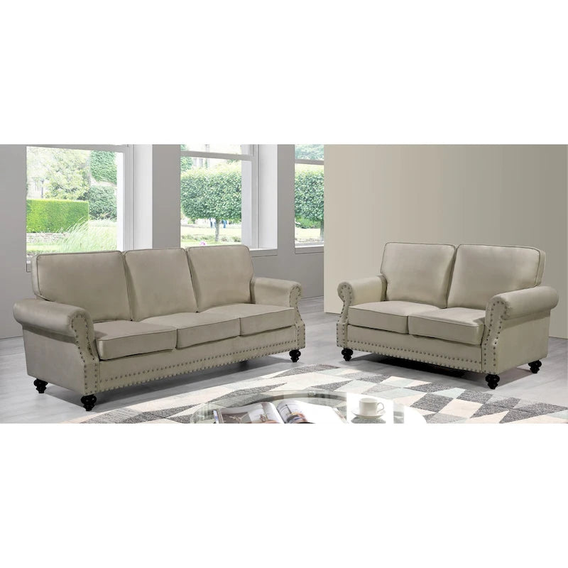 Ensemble de canapés 2 pièces en velours et clous décoratifs – Causeuse et canapé avec revêtement capitonné