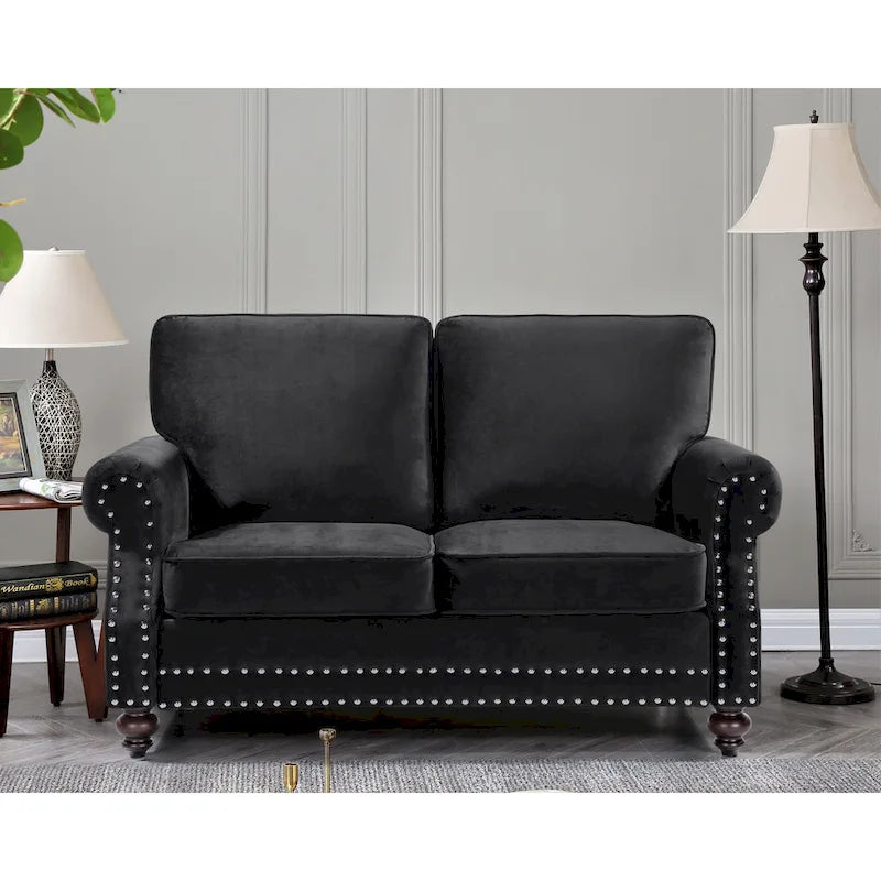 Ensemble de canapés 2 pièces en velours et clous décoratifs – Causeuse et canapé avec revêtement capitonné