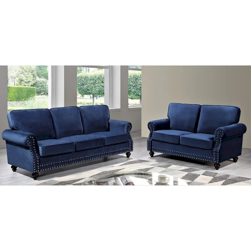 Ensemble de canapés 2 pièces en velours et clous décoratifs – Causeuse et canapé avec revêtement capitonné
