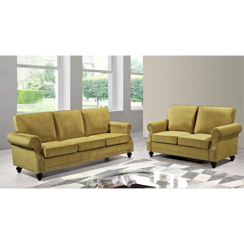 Ensemble de canapés 2 pièces en velours et clous décoratifs – Causeuse et canapé avec revêtement capitonné