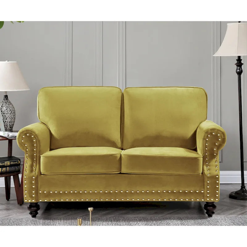 Ensemble de canapés 2 pièces en velours et clous décoratifs – Causeuse et canapé avec revêtement capitonné
