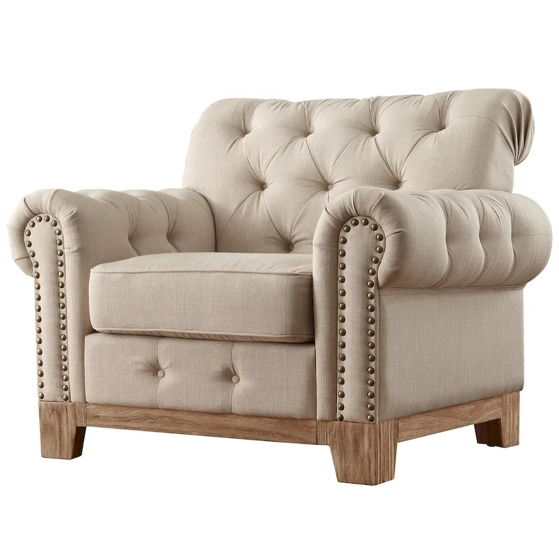Fauteuil d'appoint Chesterfield à accoudoirs roulés et clouté - Style Artisanal