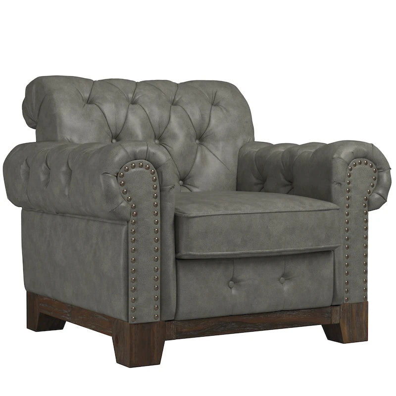 Fauteuil d'appoint Chesterfield à accoudoirs roulés et clouté - Style Artisanal