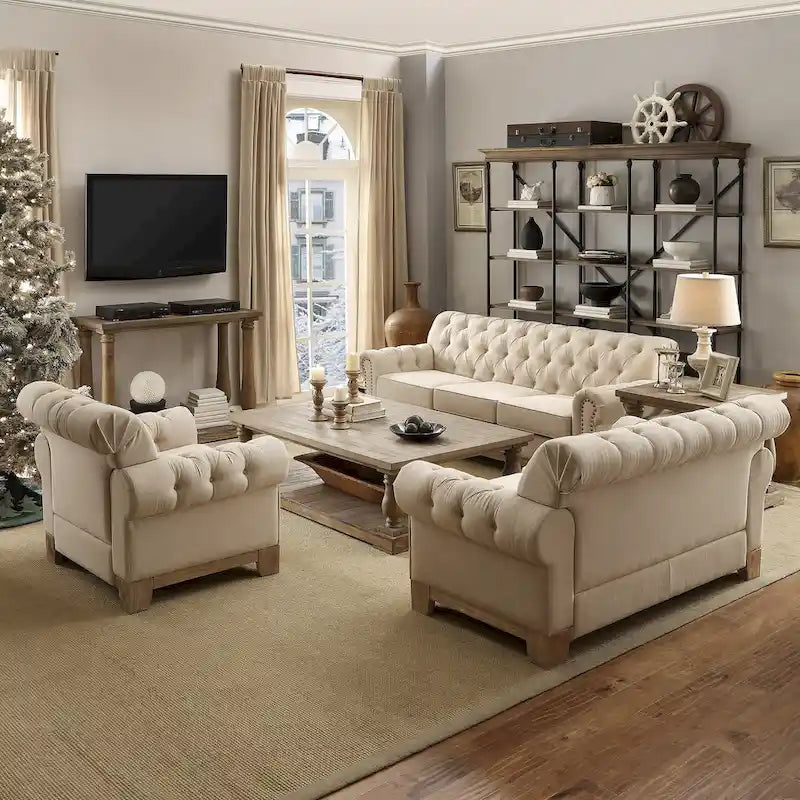 Fauteuil d'appoint Chesterfield à accoudoirs roulés et clouté - Style Artisanal