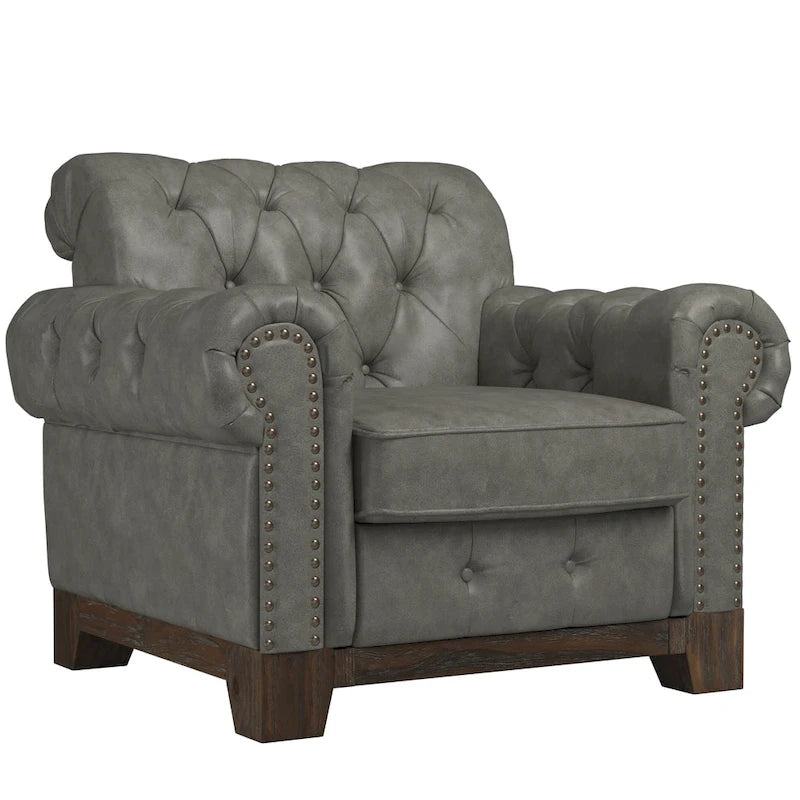 Fauteuil d'appoint Chesterfield à accoudoirs roulés et clouté - Style Artisanal