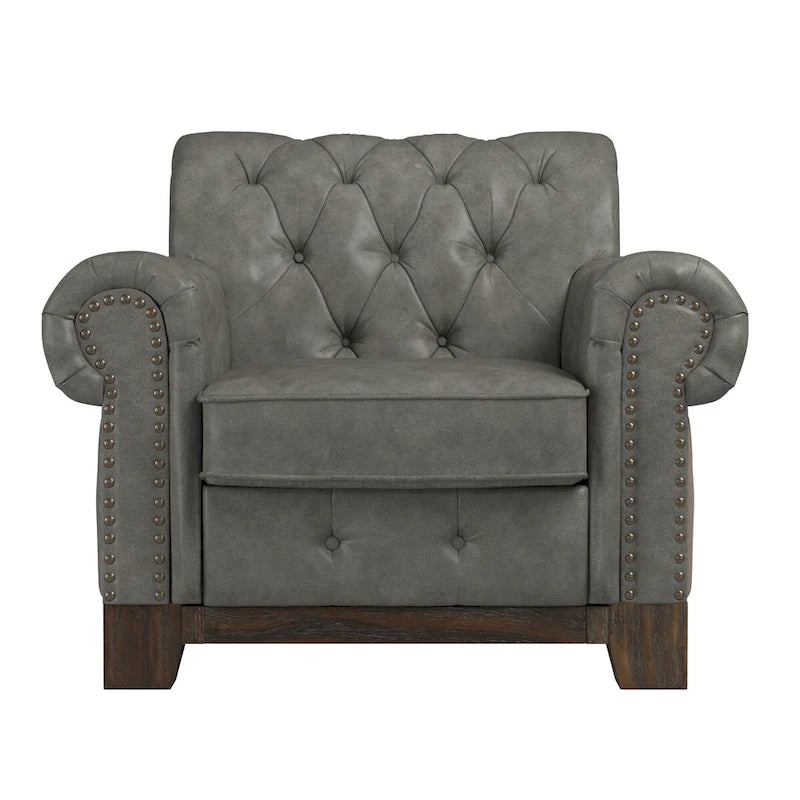 Fauteuil d'appoint Chesterfield à accoudoirs roulés et clouté - Style Artisanal