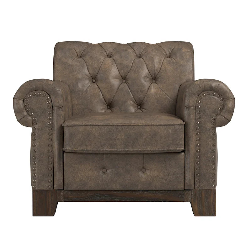 Fauteuil d'appoint Chesterfield à accoudoirs roulés et clouté - Style Artisanal