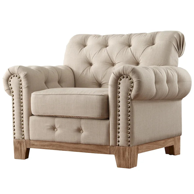 Fauteuil d'appoint Chesterfield à accoudoirs roulés et clouté - Style Artisanal