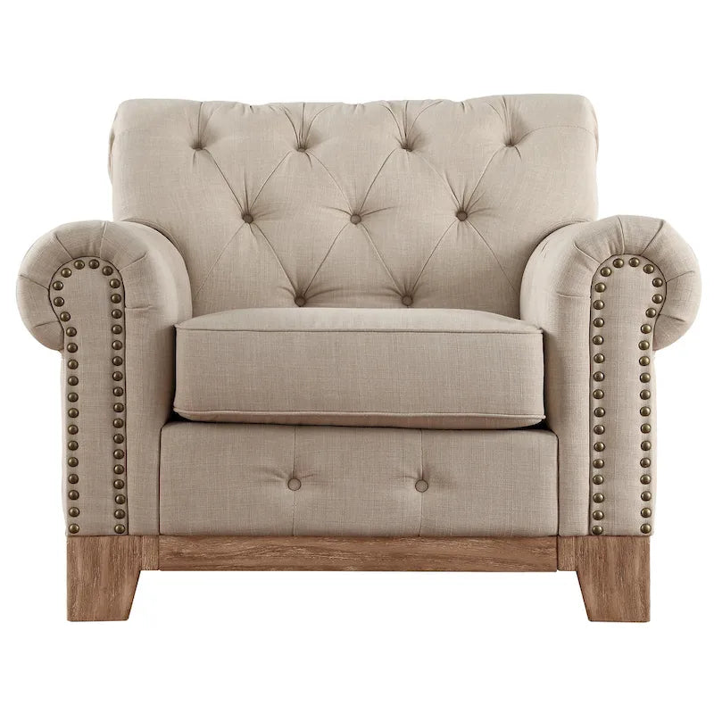 Fauteuil d'appoint Chesterfield à accoudoirs roulés et clouté - Style Artisanal