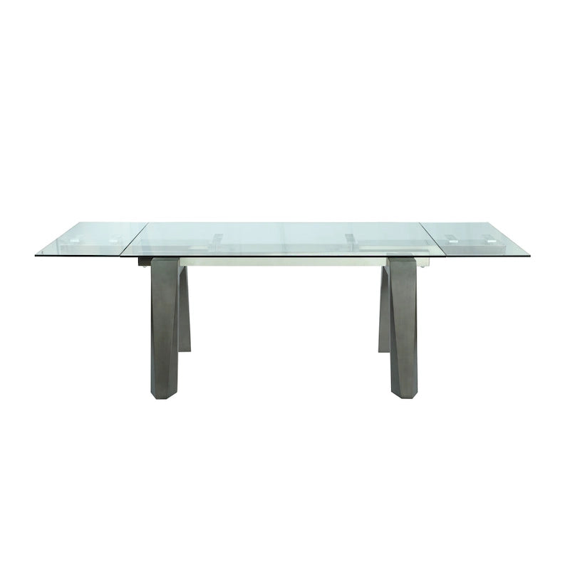 Table à manger moderne extensible avec plateau en verre et pieds en bois massif - 6-8 places