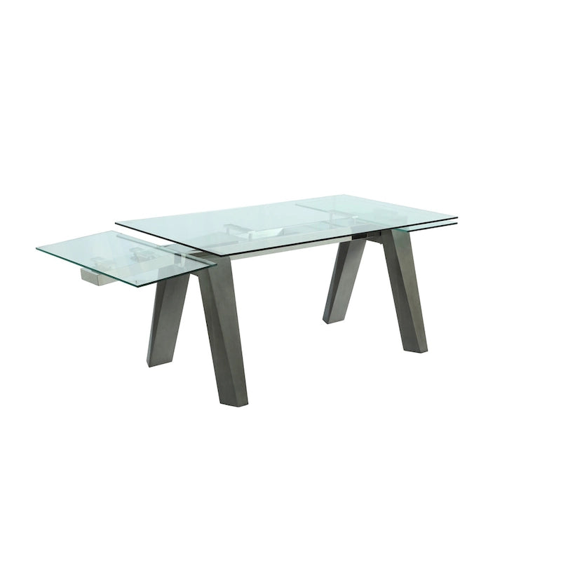 Table à manger moderne extensible avec plateau en verre et pieds en bois massif - 6-8 places