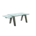 Table à manger moderne extensible avec plateau en verre et pieds en bois massif - 6-8 places