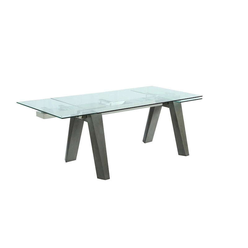 Table à manger moderne extensible avec plateau en verre et pieds en bois massif - 6-8 places