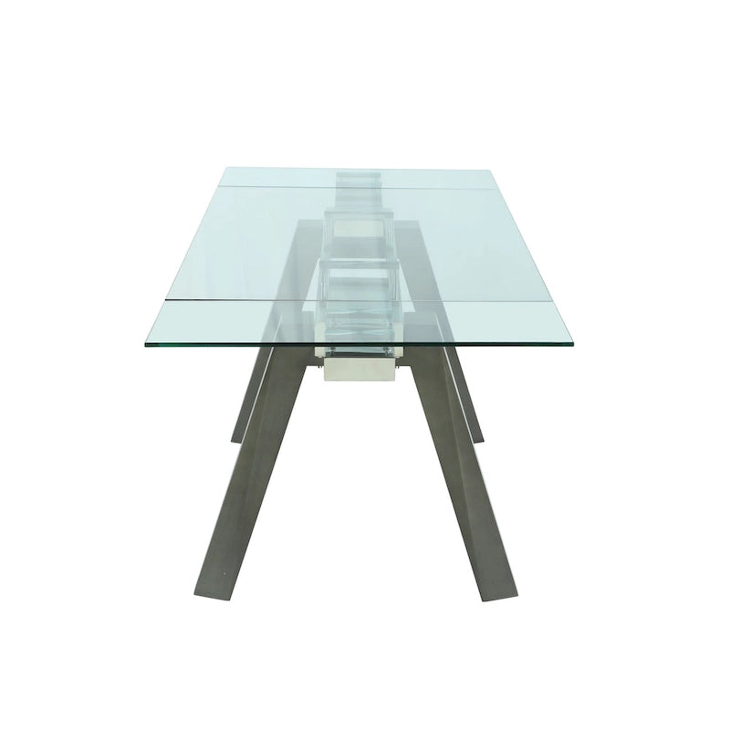 Table à manger moderne extensible avec plateau en verre et pieds en bois massif - 6-8 places