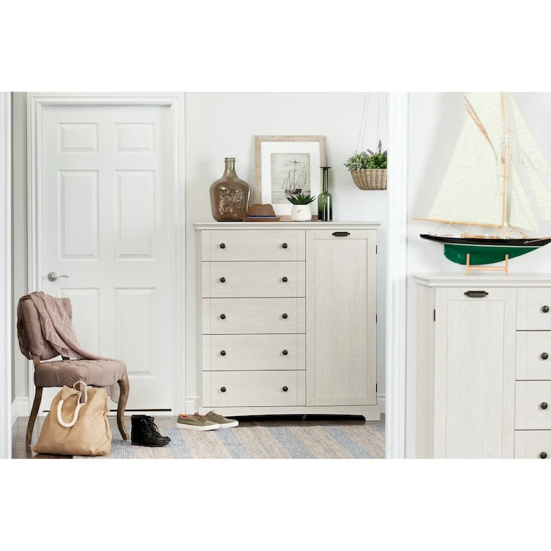 Commode à portes avec 5 tiroirs - Armoire de rangement haute avec porte pour chambre à coucher