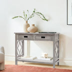 Console et table d'entrée en bois lavé gris à 2 tiroirs et 1 étagère – 32,7 H x 47,2 L x 13,8 P