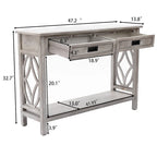 Console et table d'entrée en bois lavé gris à 2 tiroirs et 1 étagère – 32,7 H x 47,2 L x 13,8 P