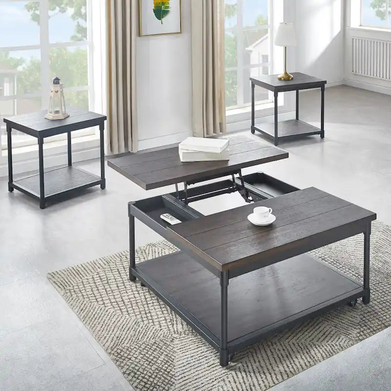 Table Basse Carrée Relevable - Rangement Dissimulé, Salon Moderne