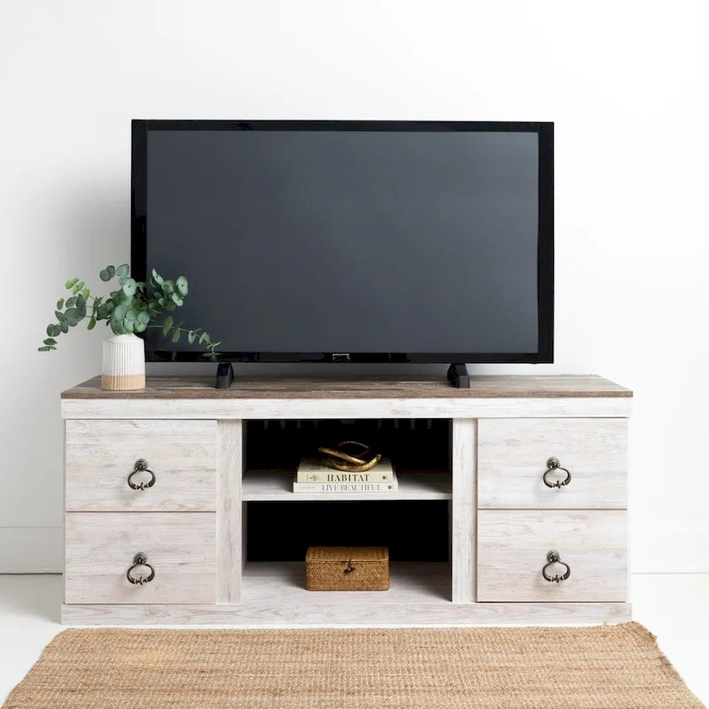 Meuble TV 60" effet bois blanchi avec 4 tiroirs – Style Ferme Décontracté