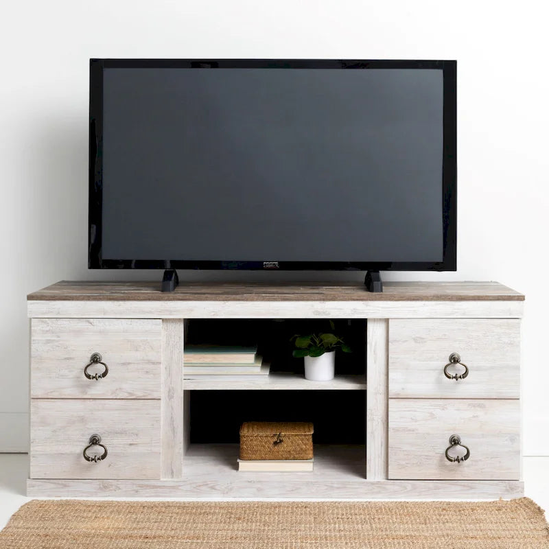 Meuble TV 60" effet bois blanchi avec 4 tiroirs – Style Ferme Décontracté