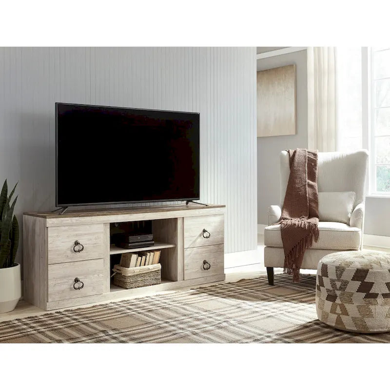 Meuble TV 60" effet bois blanchi avec 4 tiroirs – Style Ferme Décontracté