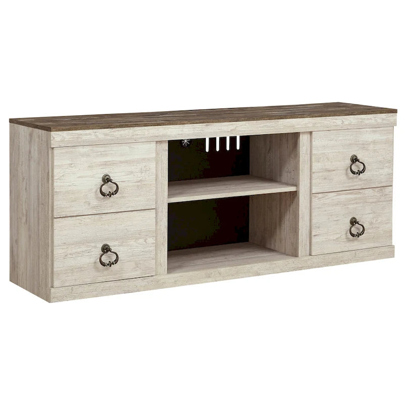Meuble TV 60" effet bois blanchi avec 4 tiroirs – Style Ferme Décontracté