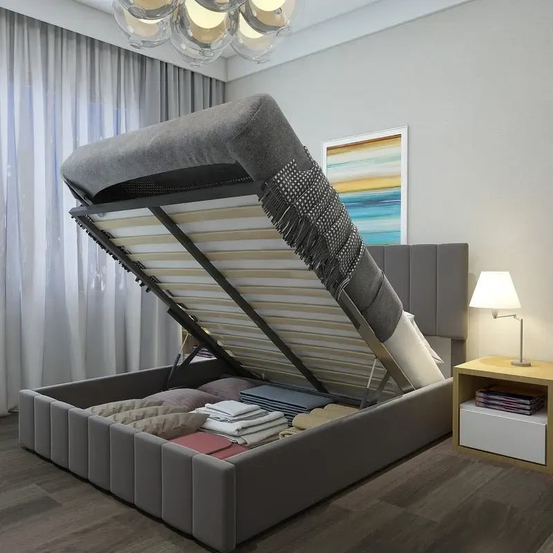Lit plateforme capitonné en lin Queen Size avec système de rangement relevable