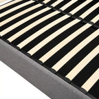 Lit plateforme capitonné en lin Queen Size avec système de rangement relevable