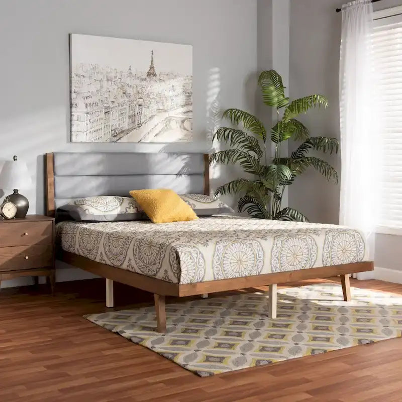 Lit plateforme en bois tapissé de tissu de transition - Gris clair, pas de sommier tapissier