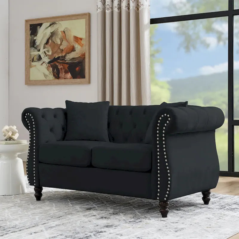 Canapé Chesterfield 58,8 po en velours noir pour salon, canapé 2 places capitonné avec accoudoirs roulés et clous pour salon,