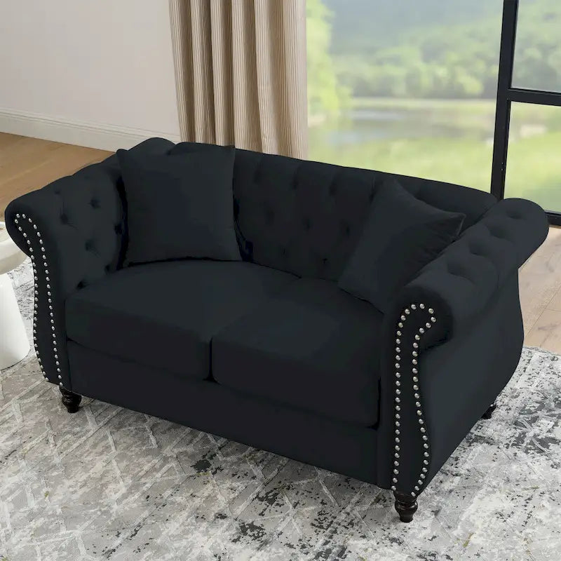 Canapé Chesterfield 58,8 po en velours noir pour salon, canapé 2 places capitonné avec accoudoirs roulés et clous pour salon,