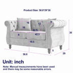 Canapé Chesterfield 58,8 po en velours noir pour salon, canapé 2 places capitonné avec accoudoirs roulés et clous pour salon,