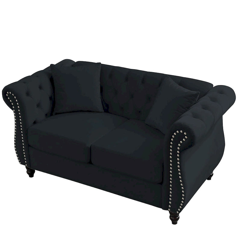 Canapé Chesterfield 58,8 po en velours noir pour salon, canapé 2 places capitonné avec accoudoirs roulés et clous pour salon,