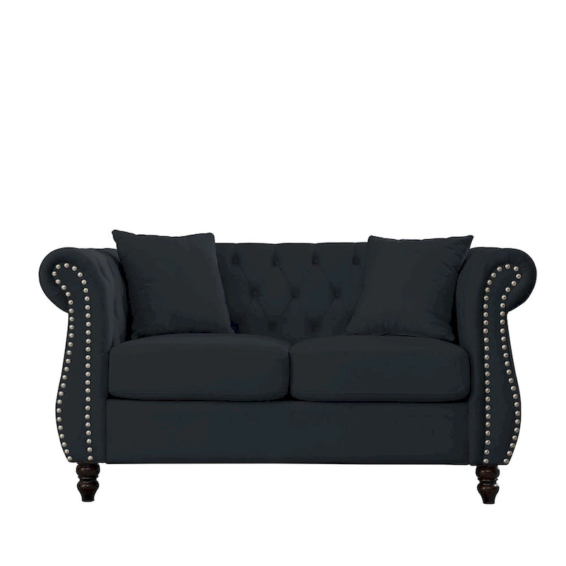 Canapé Chesterfield 58,8 po en velours noir pour salon, canapé 2 places capitonné avec accoudoirs roulés et clous pour salon,