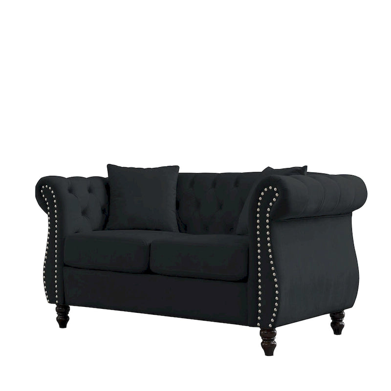 Canapé Chesterfield 58,8 po en velours noir pour salon, canapé 2 places capitonné avec accoudoirs roulés et clous pour salon,