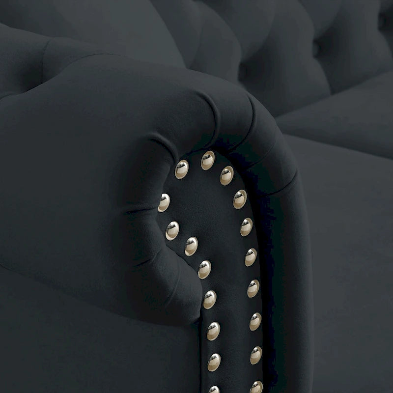 Canapé Chesterfield 58,8 po en velours noir pour salon, canapé 2 places capitonné avec accoudoirs roulés et clous pour salon,