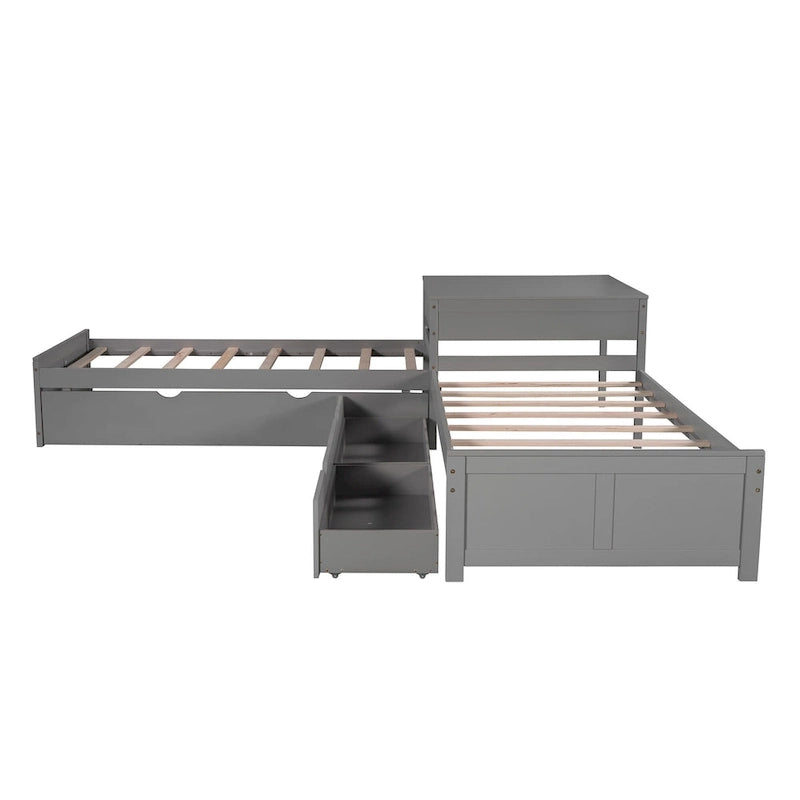 Lit plateforme en L avec lit gigogne et tiroirs reliés à un bureau intégré, double, expresso