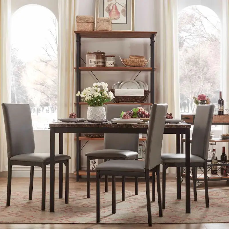 Ensemble de salle à manger 5 pièces en métal avec plateau imitation marbre et chaises rembourrées