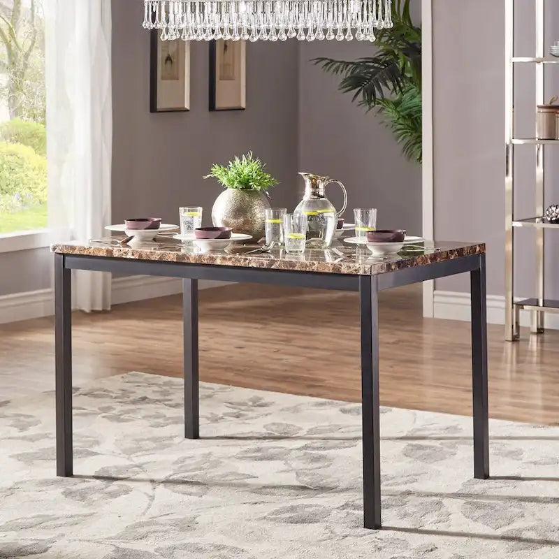 Ensemble de salle à manger 5 pièces en métal avec plateau imitation marbre et chaises rembourrées
