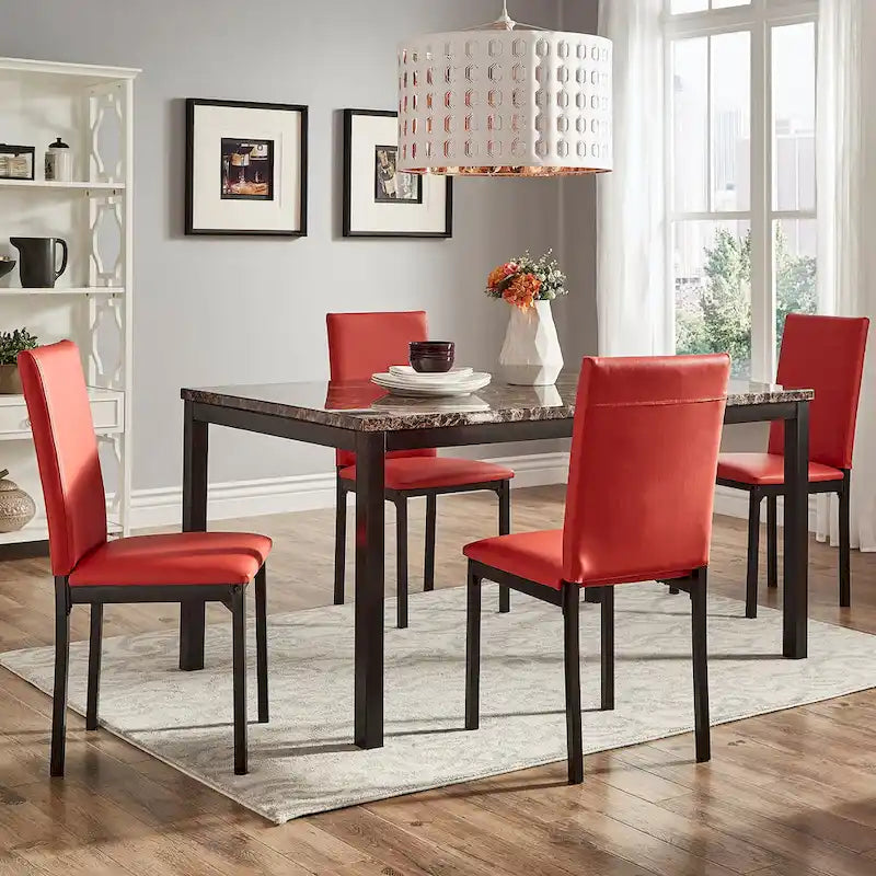 Ensemble de salle à manger 5 pièces en métal avec plateau imitation marbre et chaises rembourrées